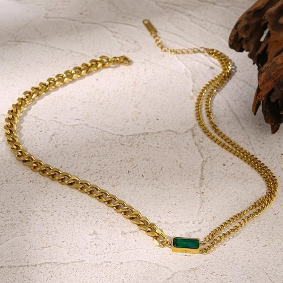 New 18K Gold Plated Link Chain Green Gemstone Necklace - Picture 1 of 5